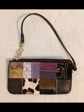 Patchwork Leather Wristlet in Brown and Purple
